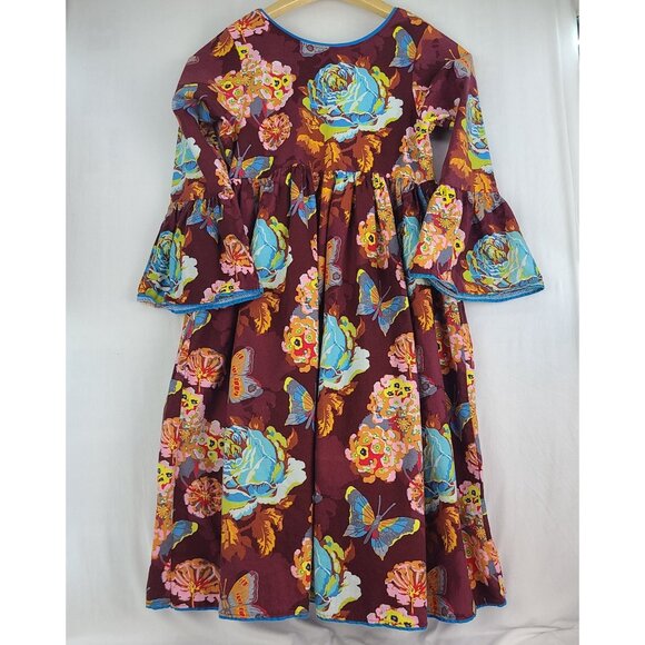 Blue Juniper Burgundy Long Sleeve Dress with Large Flower and Butterfly Print 12 - Picture 5 of 8